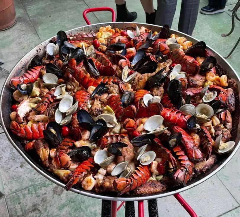 Seafood paella with lobster and mussels.