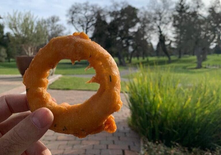 A hand holding an onion ring